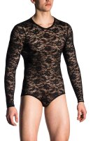 Herren Body Langarm Transparent elastische Spitze V-Neck