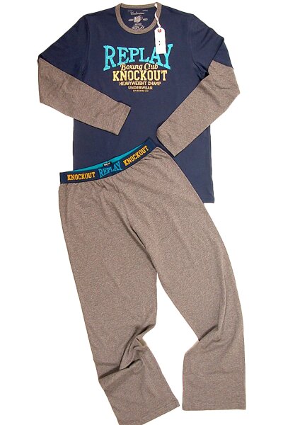 Replay Herren Schlafanzug lang Pyjama Baumwolle