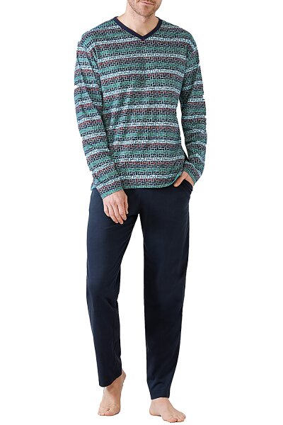 Hajo Herren Schlafanzug lang V-Neck Brusttasche Premium Cotton Baumwolle Jersey