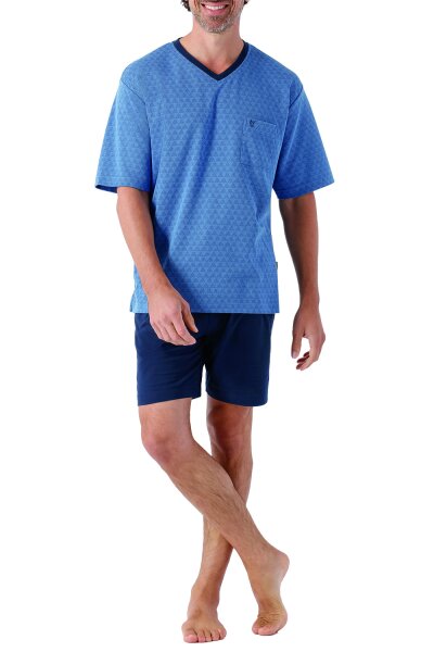 Hajo Herren Schlafanzug kurz Klima Light Jacquard V-Ausschnitt Logo-Stickerei